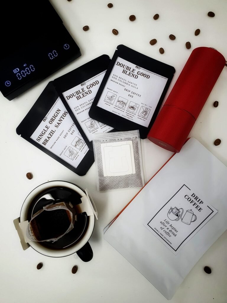 A coffee kit from Double Good Enterprise Company that includes coffee beans and a cup of coffee.